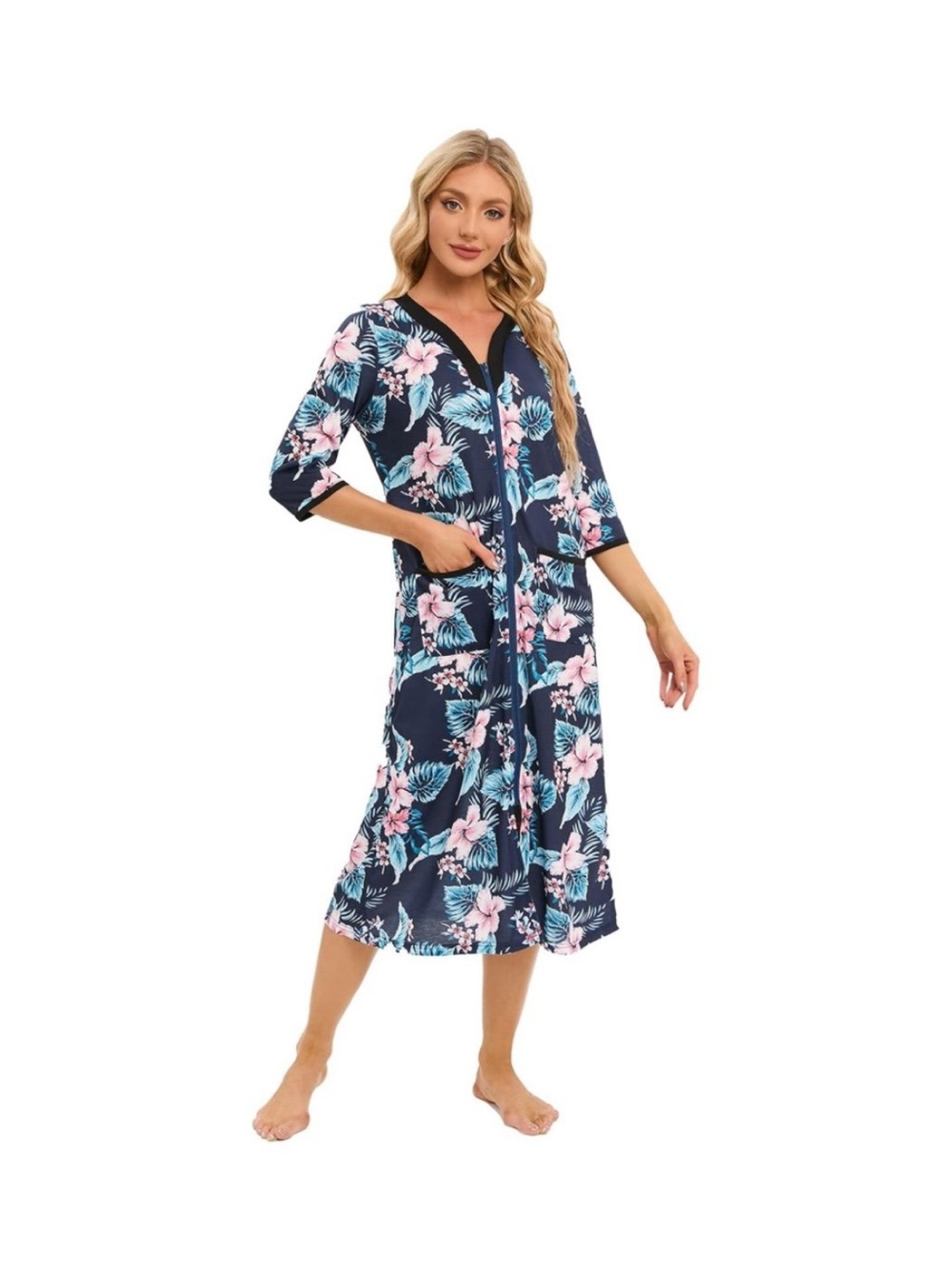 Bathrobe for Women 3/4 Sleeves Zip Up Robe Loungewear Housecoat Print Sleepwear